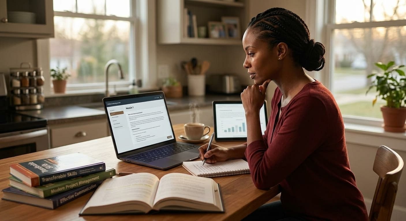 Woman studying at her kitchen table with a laptop, notebook and books on transferable skills.